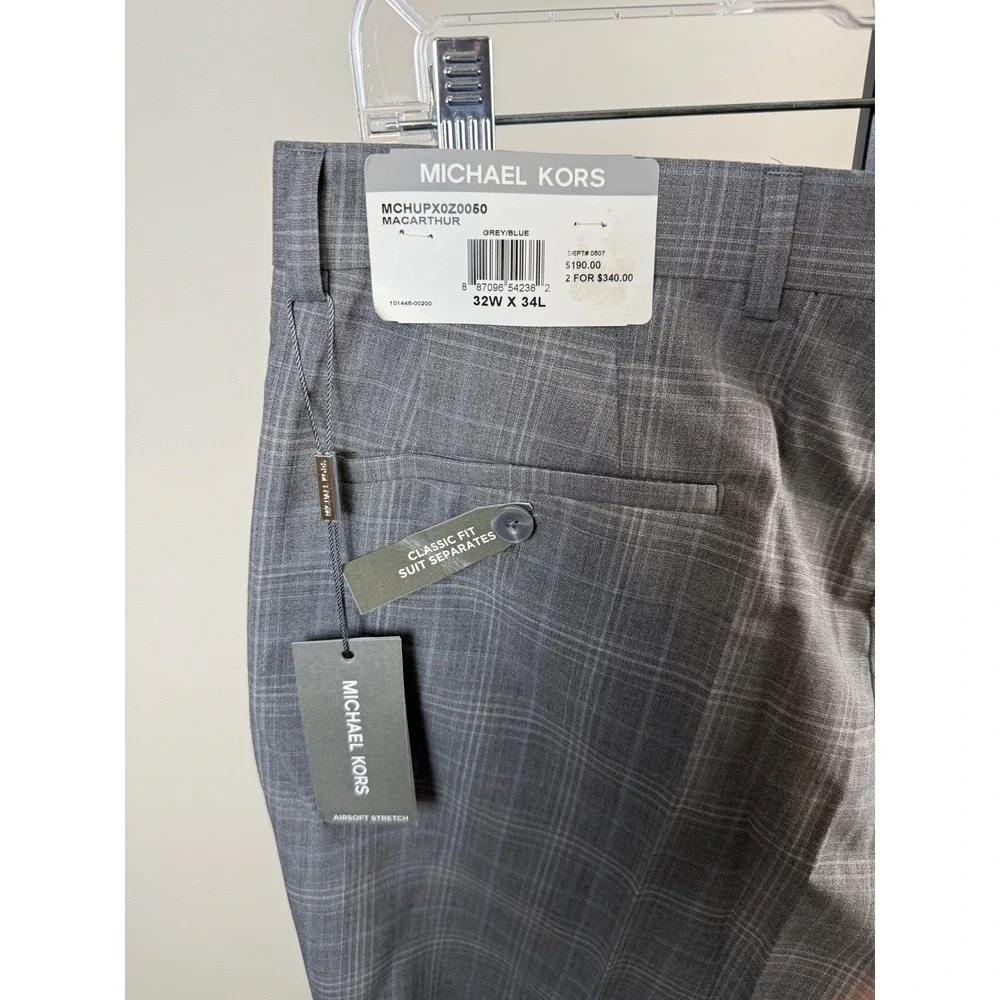 NEW Michael Kors Modern Fit Wool Blend Plaid Pants Light Grey Men's 32W x 34L